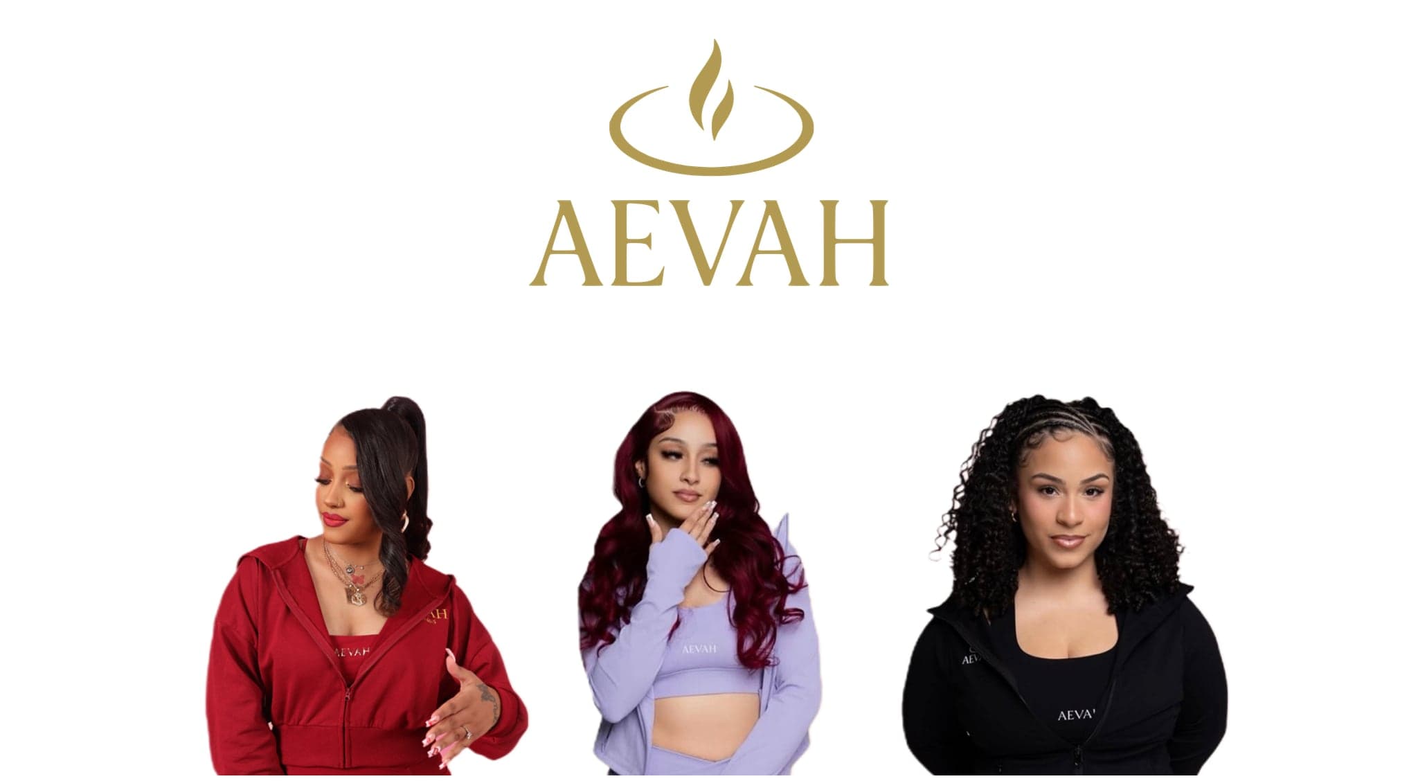 The AEVAH logo with three women in the black, lilac and pink sets